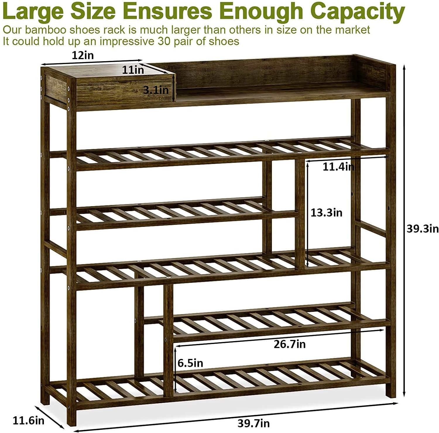 Shoe Rack Organizer for Closet Shelf Entryway 6 Tier Bamboo Solid Wood for 24 Pair Boots with Storage Box (Dark Brown)