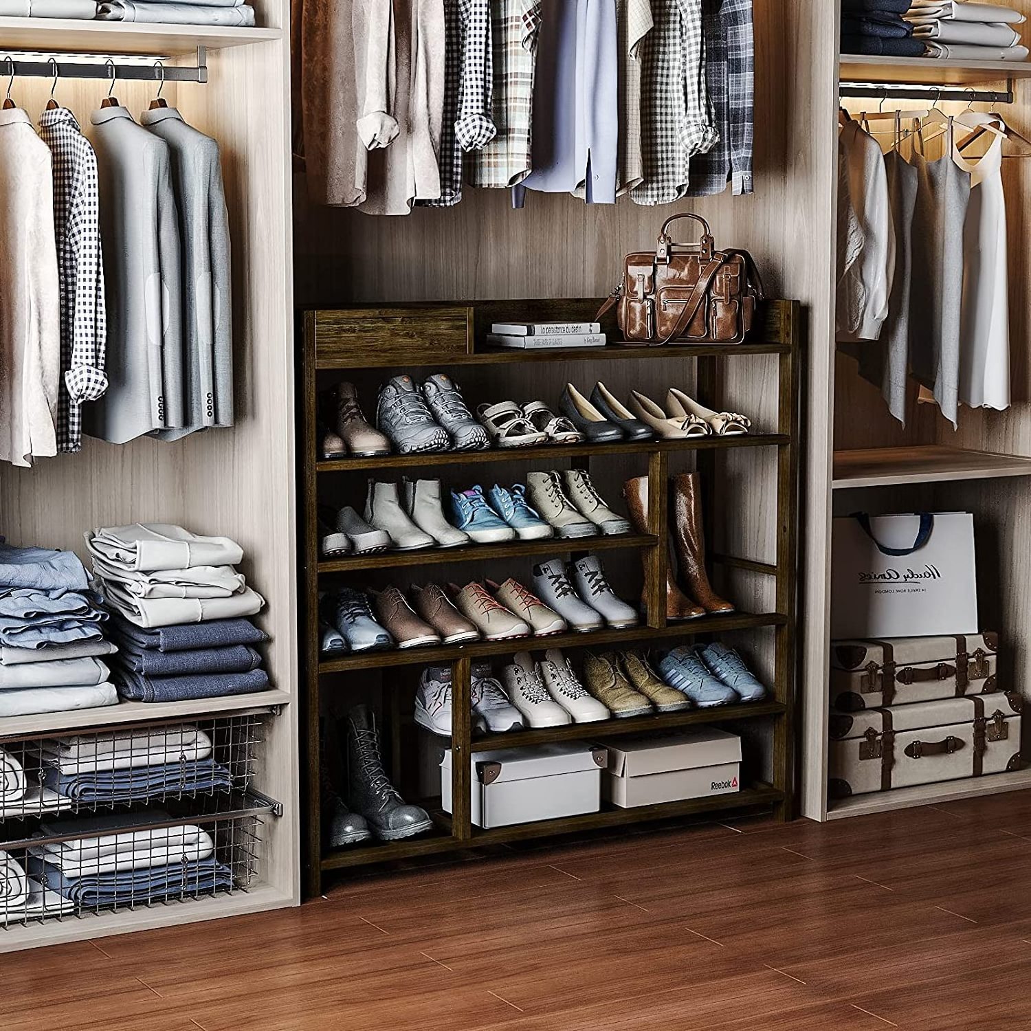 Shoe Rack Organizer for Closet Shelf Entryway 6 Tier Bamboo Solid Wood for 24 Pair Boots with Storage Box (Dark Brown)