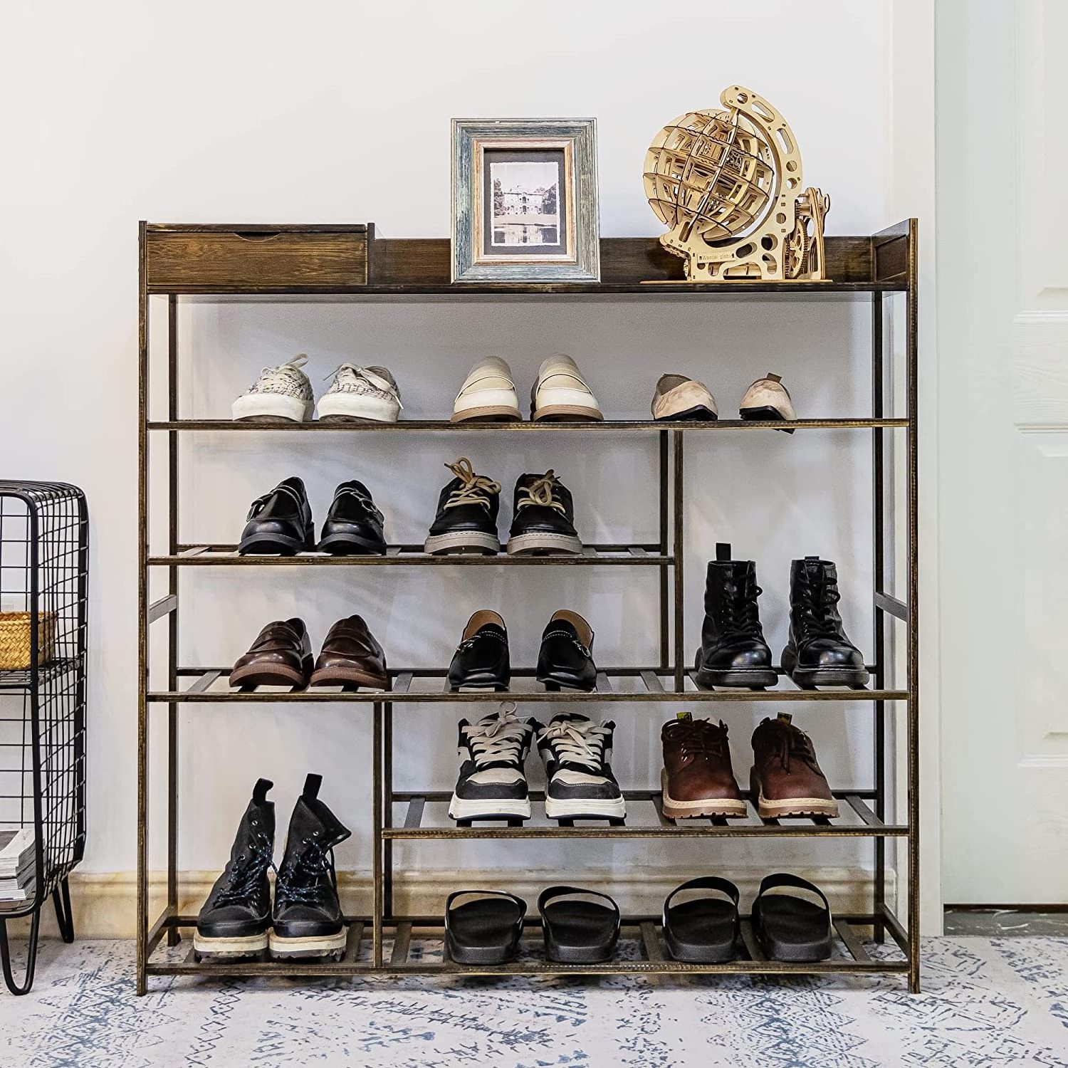 Shoe Rack Organizer for Closet Shelf Entryway 6 Tier Bamboo Solid Wood for 24 Pair Boots with Storage Box (Dark Brown)