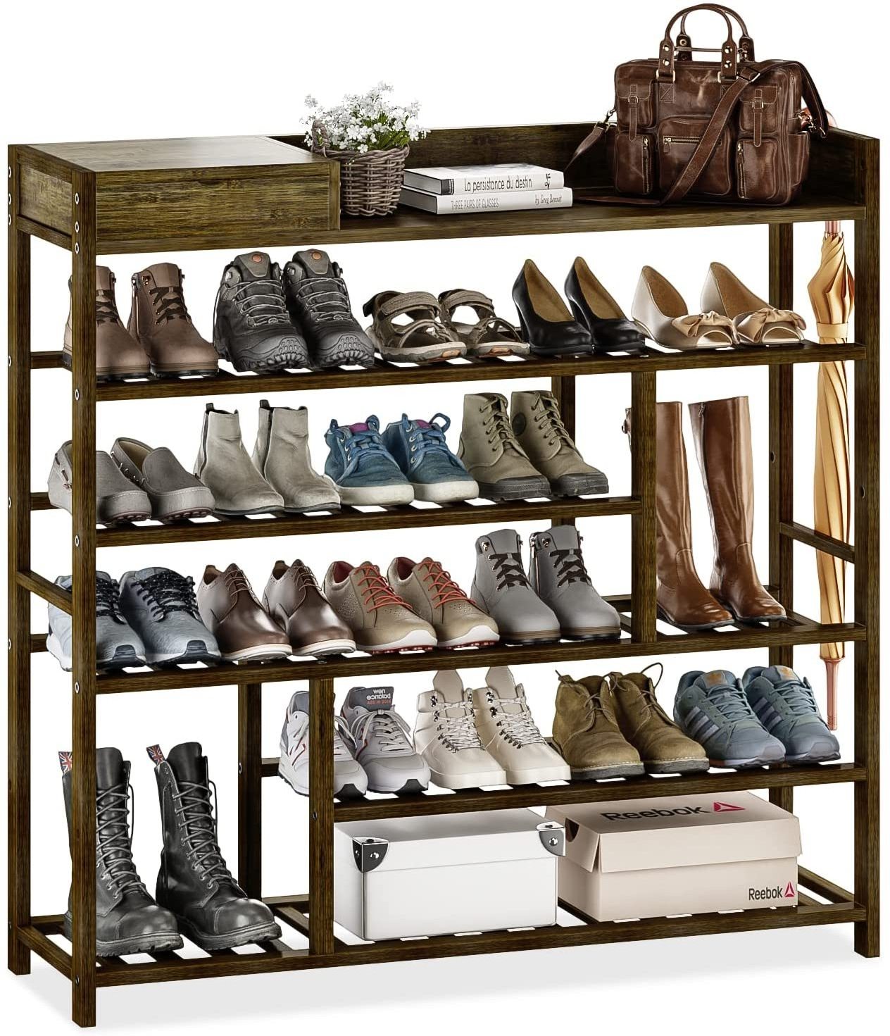 Shoe Rack Organizer for Closet Shelf Entryway 6 Tier Bamboo Solid Wood for 24 Pair Boots with Storage Box (Dark Brown)