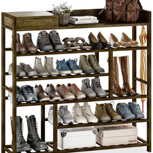 Shoe Rack Organizer for Closet Shelf Entryway 6 Tier Bamboo Solid Wood for 24 Pair Boots with Storage Box (Dark Brown)