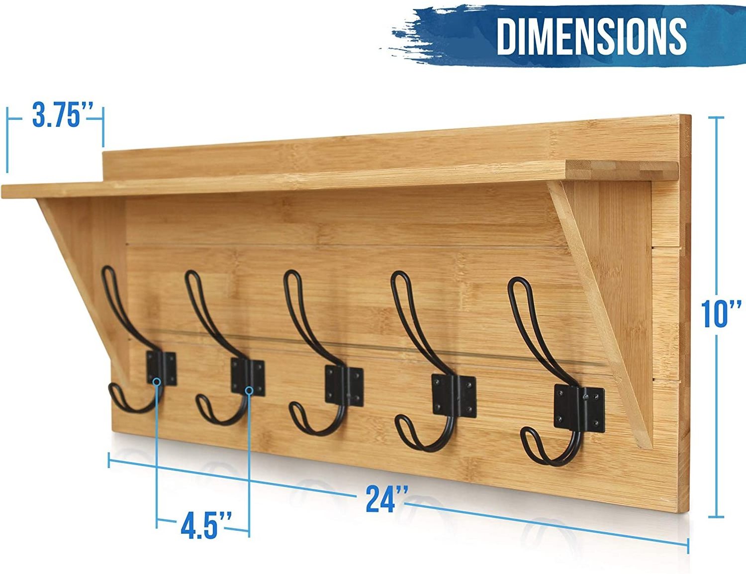 Solid Wood 24 inch Entryway Shelf with 5 Coat Hangers Wall Mount Coat Rack  with Shelf