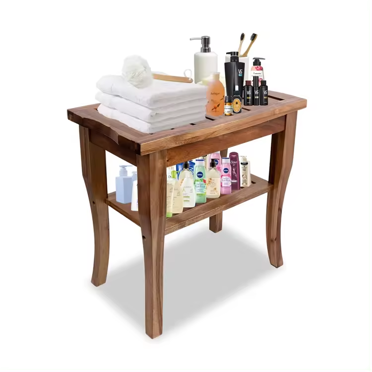 Teak Bench with Storage Shelf Easy to Use Bath Stool with Non-Slip Pads Resistant  Teak Shower Bench