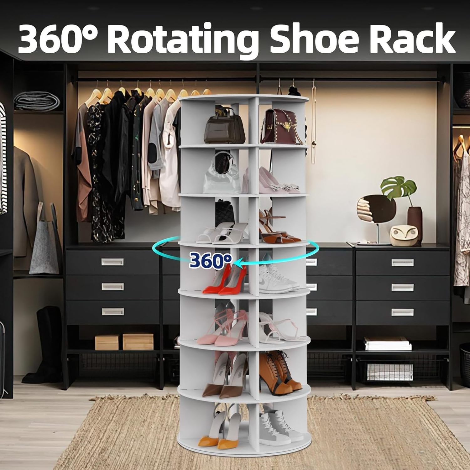 Rotating Shoe Rack 7 Tier Wood Shoe Organizer for Closet Holds of Shoes 360 Spinning Rack Tower Storage Shelf