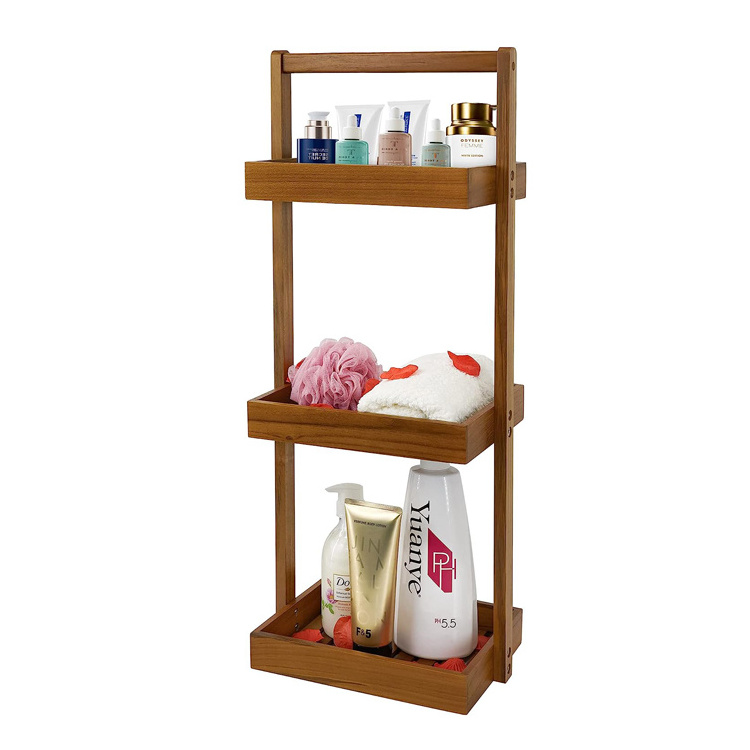 Teak Shower Caddy Corner, 3 Tier Standing Shower Organizer Shelf with Handle, Wood Bathroom Stand Up Caddy Basket for Shampoo