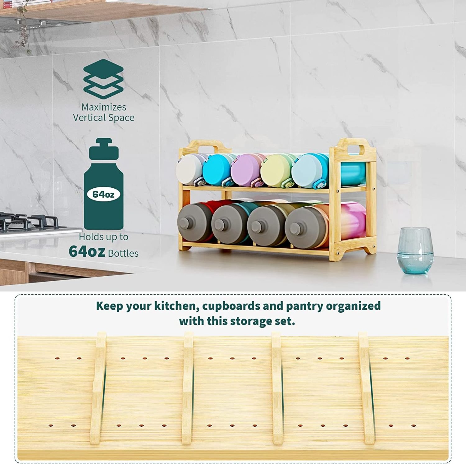 2 Layers Bamboo Water Bottle Organizer Stackable Water Bottle Holder Stand For Cabinet