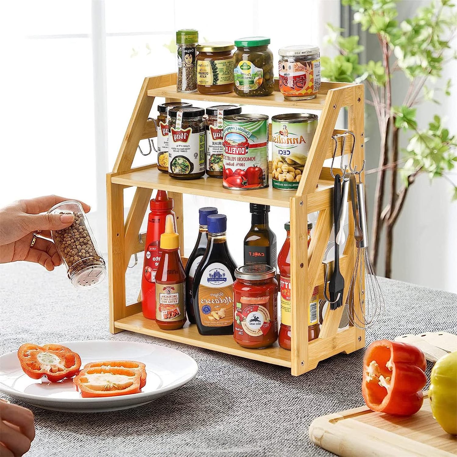 3 Tier  Kitchen Countertop Organizer Standing Pantry Shelf Storage Shelves Bamboo Spice Rack with Hooks