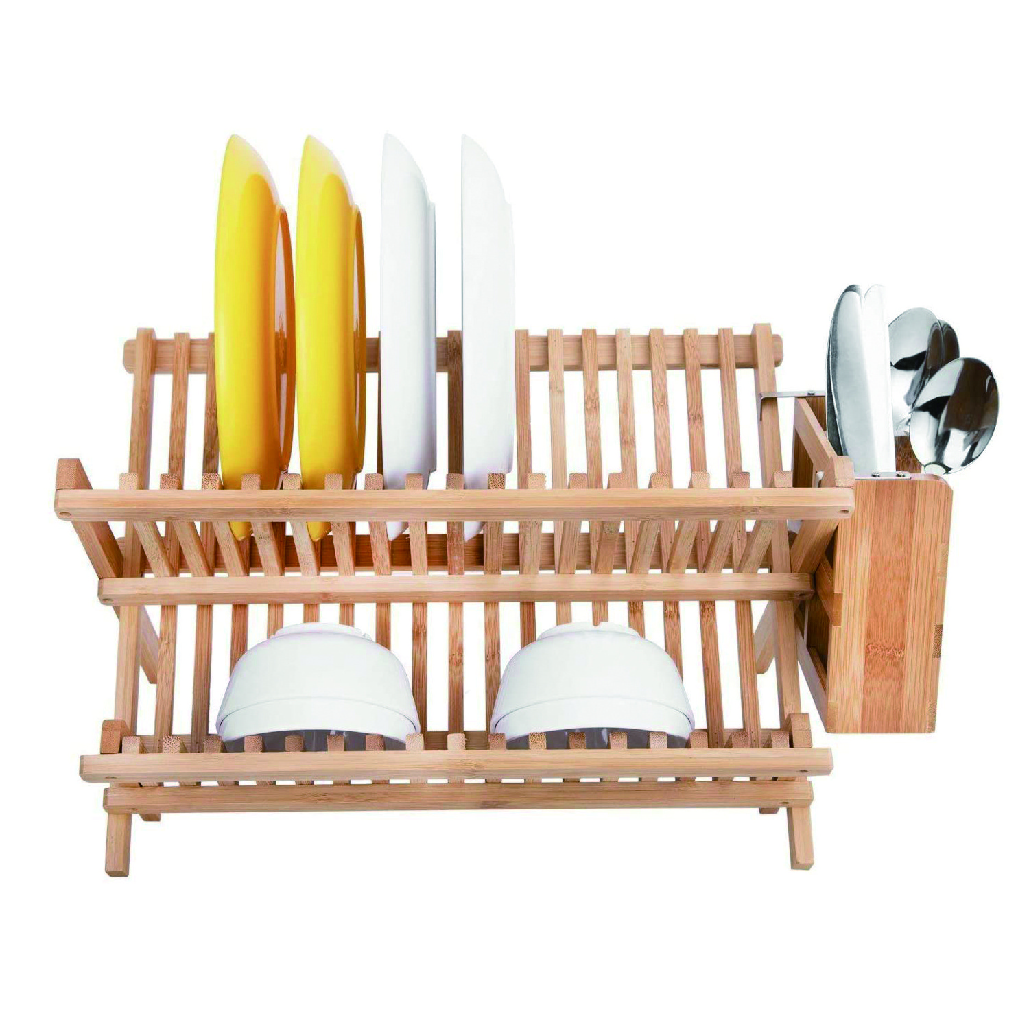 Collapsible Bamboo Dish Drainer Plate Storage Holder for Kitchen Countertop Dish Drying Rack with Utensil Holder