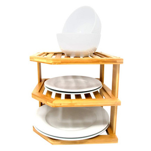 Bamboo 3-Tier Corner Storage Shelf wood plate dish storage organizer corner rack for Kitchen