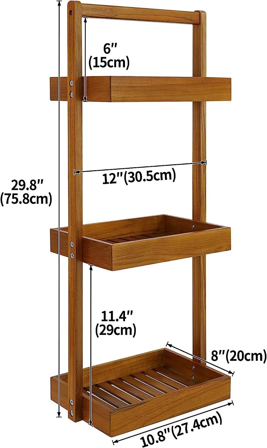 Teak Shower Caddy Corner, 3 Tier Standing Shower Organizer Shelf with Handle, Wood Bathroom Stand Up Caddy Basket for Shampoo