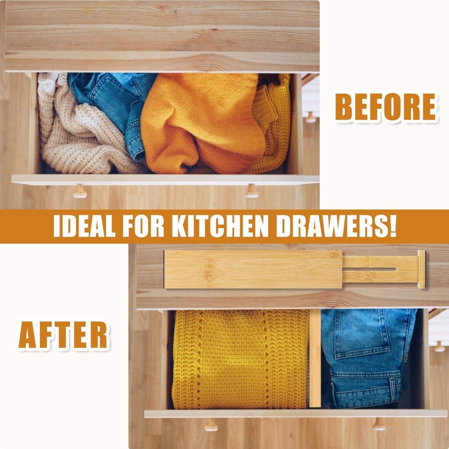 Bamboo Drawer Dividers Organizers, Kitchen  Adjustable Drawer Divider for Clothes, Kitchen, Dresser, Bedroom, B