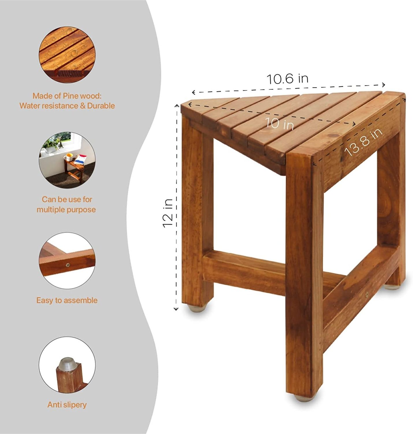 Shower Foot Rest 12 in - wood stool for Shaving Legs, Small Corner Bathroom Bench Suitable for Small Shower Spaces - Bath Seat