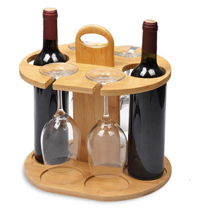 Wine Organizer Bamboo Stand Countertop Tabletop Display Wine Bottle Holder Glass Cup Rack with Handle