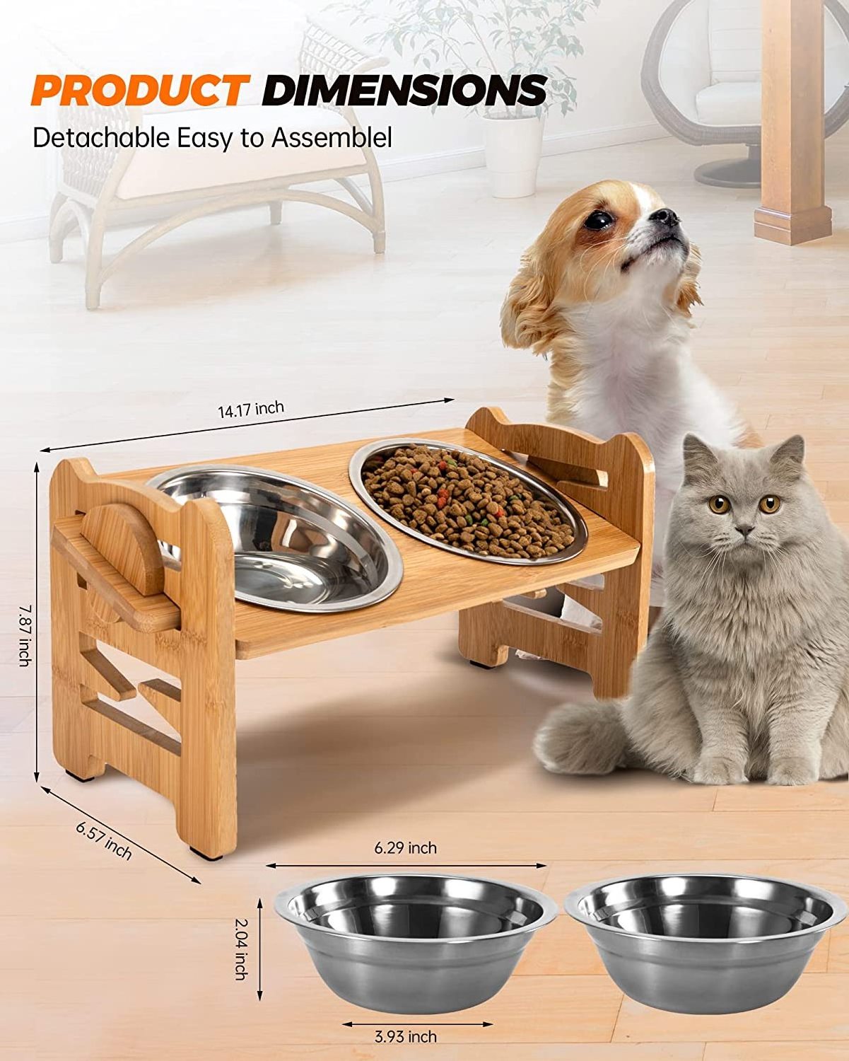 Dog Bowls Adjustable stand,  Non Slip Stand Feeder for Small Medium Dogs All Cats Durable Bamboo Raised Cat Bowl