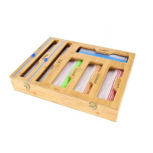 Hot Selling 2024 New Kitchen Drawer Organizer Box Wall Mounted 6 IN 1 Bamboo Wrap Dispenser with Cutter Ziplock Bag Organizer