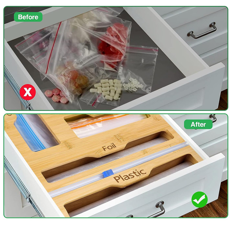 Hot Selling 2024 New Kitchen Drawer Organizer Box Wall Mounted 6 IN 1 Bamboo Wrap Dispenser with Cutter Ziplock Bag Organizer