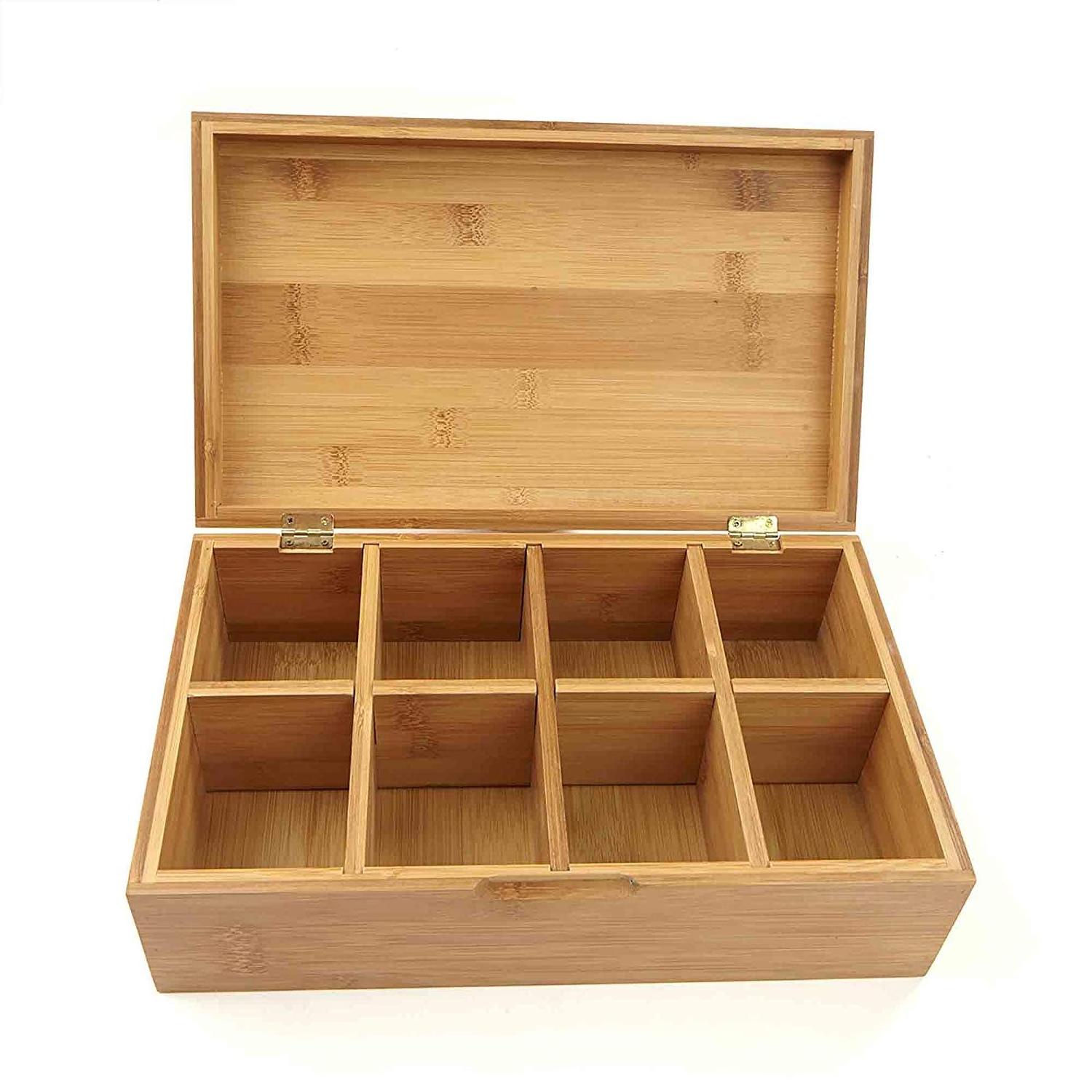 8-Compartment Bamboo Tea Chest for Kitchen Cabinets, Pantry, Offices Tea Bag Organizer Wooden Tea Box