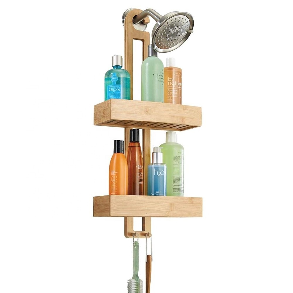 Bamboo Shampoo Holder with Towel Hooks Storage Rack Wall Bathroom Shelves Hanging Shower Caddy