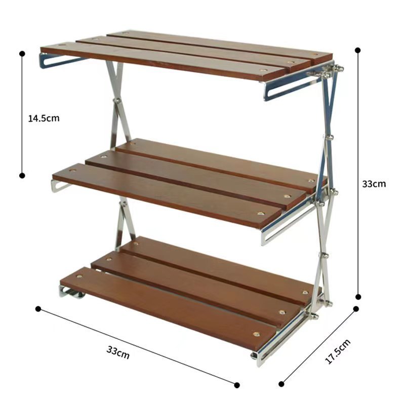 Folding Shelf Storage Shelves, Strong Load Bearing Fine Polishing Metal Beech Wood Folding 3 Tier Shelves for Outdoor Camping