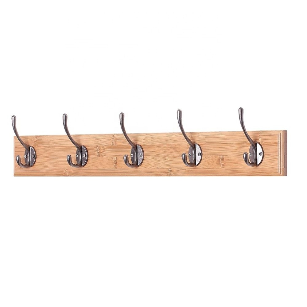 Wholesale Heavy Duty Bamboo Towel Bag Key Holder Hanger Wall Mounted Coat Rack with 5 Hooks for Hotel