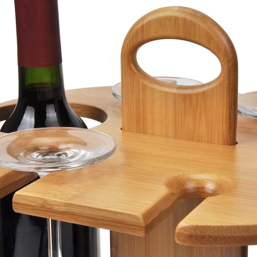 Wine Organizer Bamboo Stand Countertop Tabletop Display Wine Bottle Holder Glass Cup Rack with Handle