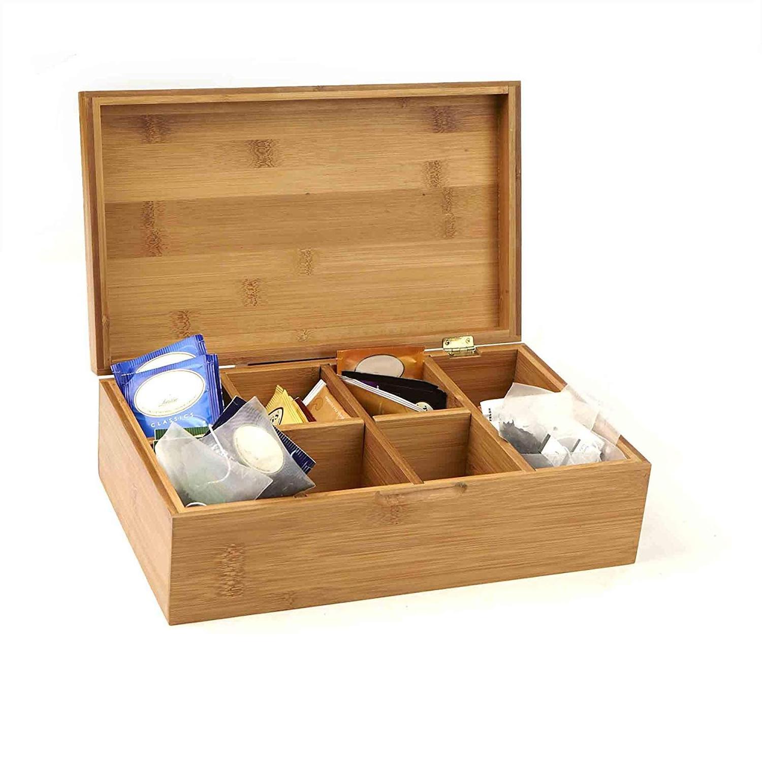 8-Compartment Bamboo Tea Chest for Kitchen Cabinets, Pantry, Offices Tea Bag Organizer Wooden Tea Box