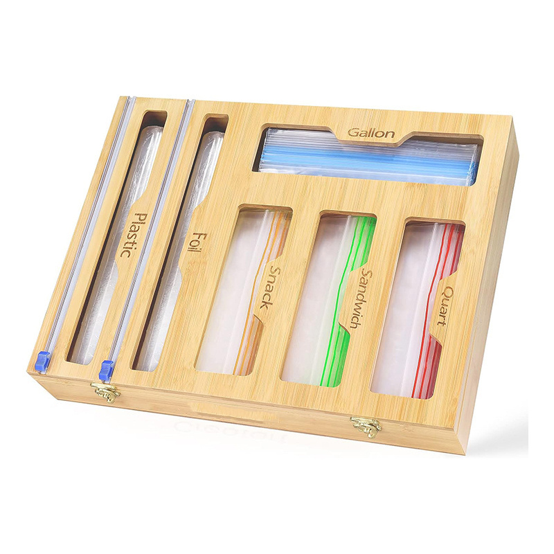 Hot Selling 2024 New Kitchen Drawer Organizer Box Wall Mounted 6 IN 1 Bamboo Wrap Dispenser with Cutter Ziplock Bag Organizer