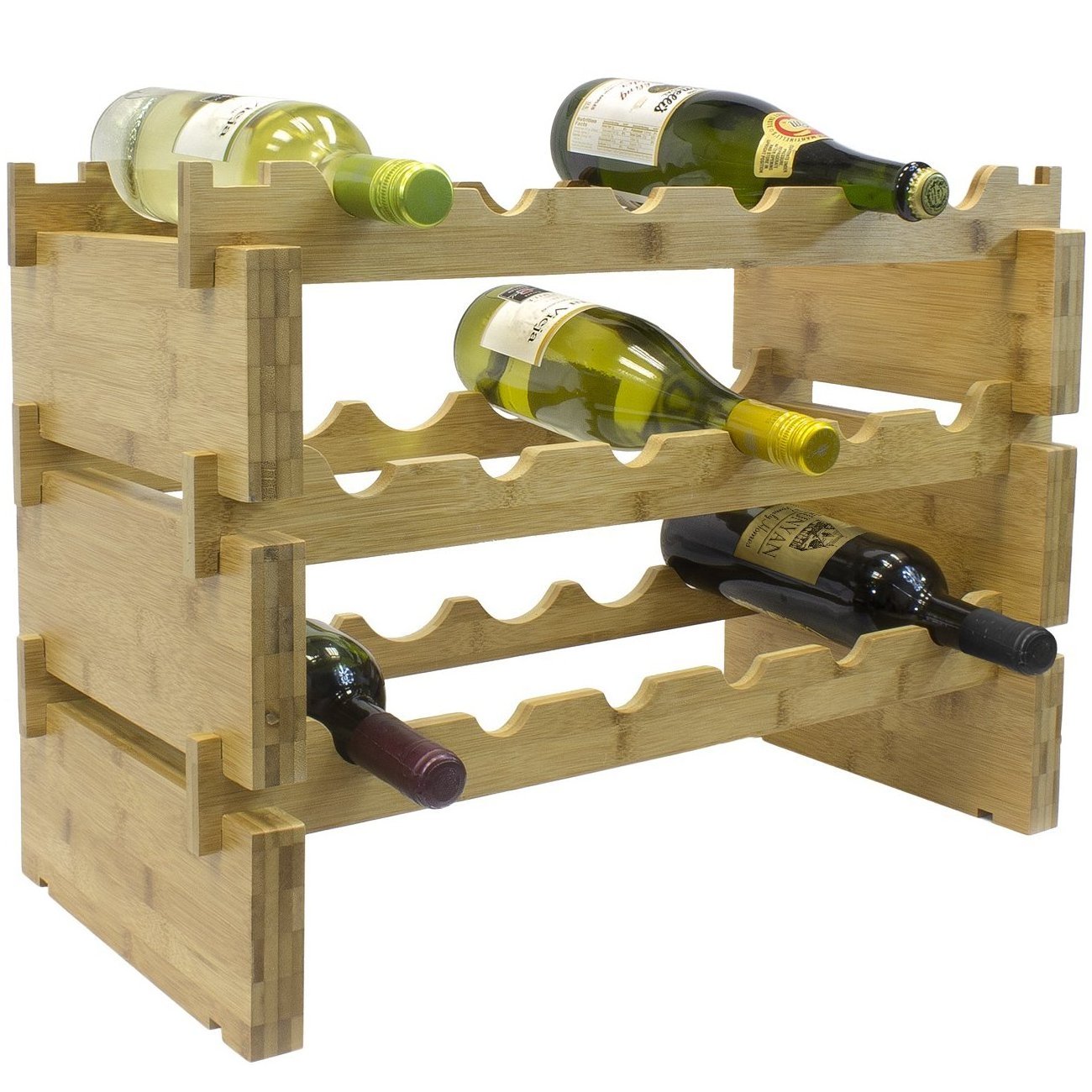 Home Kitchen Space Saver Bamboo 18 Bottle Wine Organizer Holder Storage Display Shelf 3 Tier Stackable Wine Rack