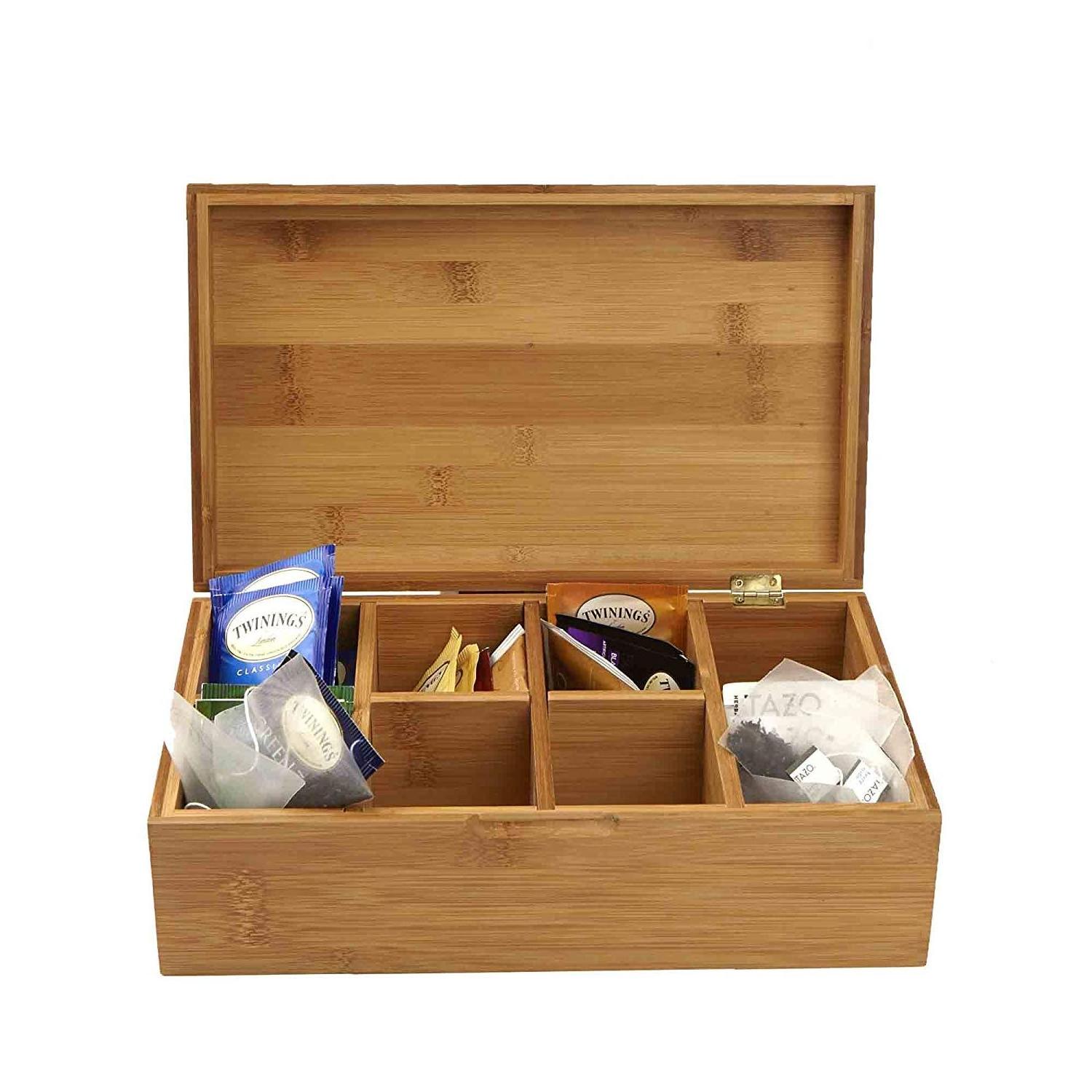 8-Compartment Bamboo Tea Chest for Kitchen Cabinets, Pantry, Offices Tea Bag Organizer Wooden Tea Box