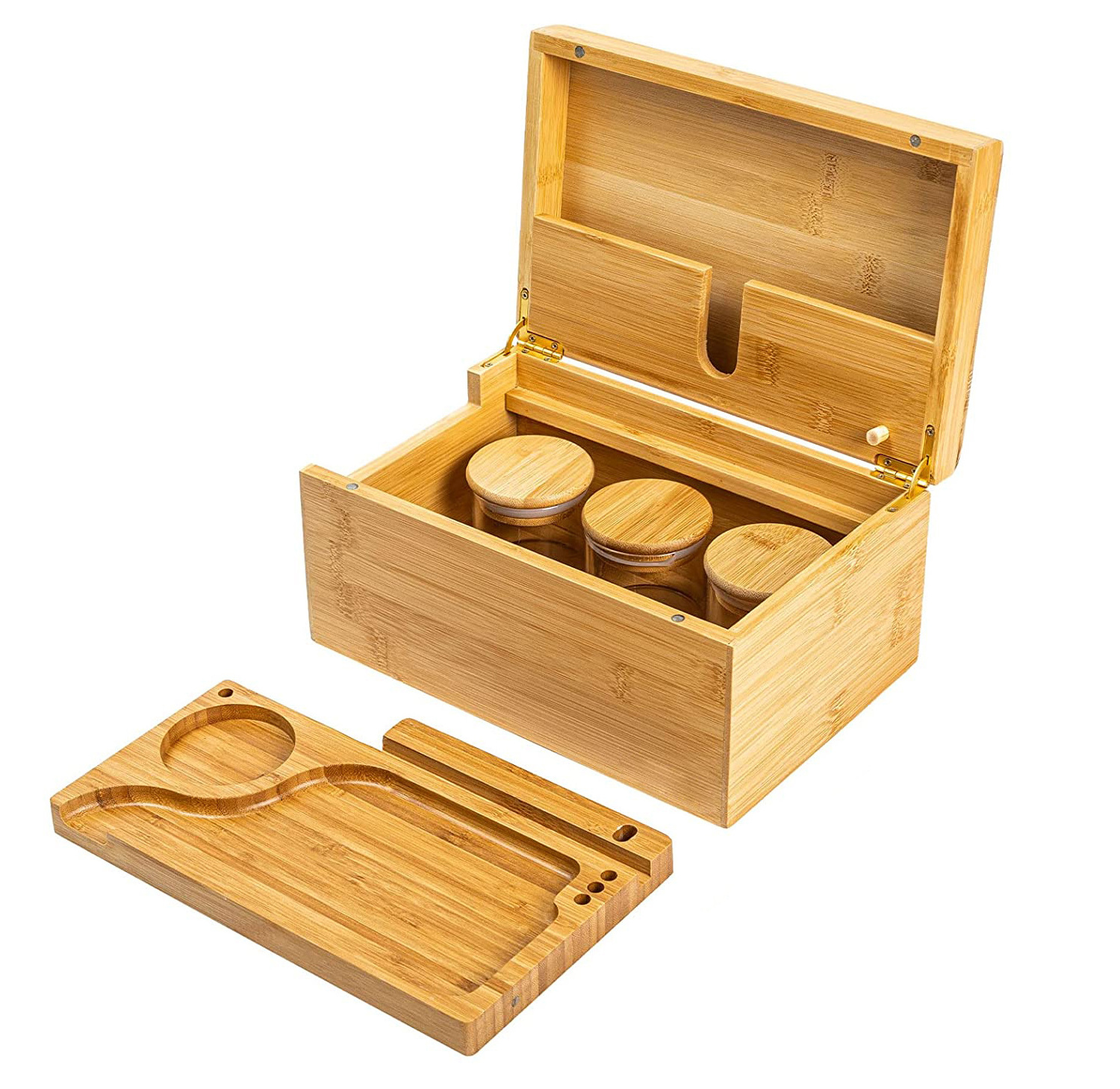 Natural Bamboo Stash Box with Rolling Tray for Herbs and Accessories Store Grinders