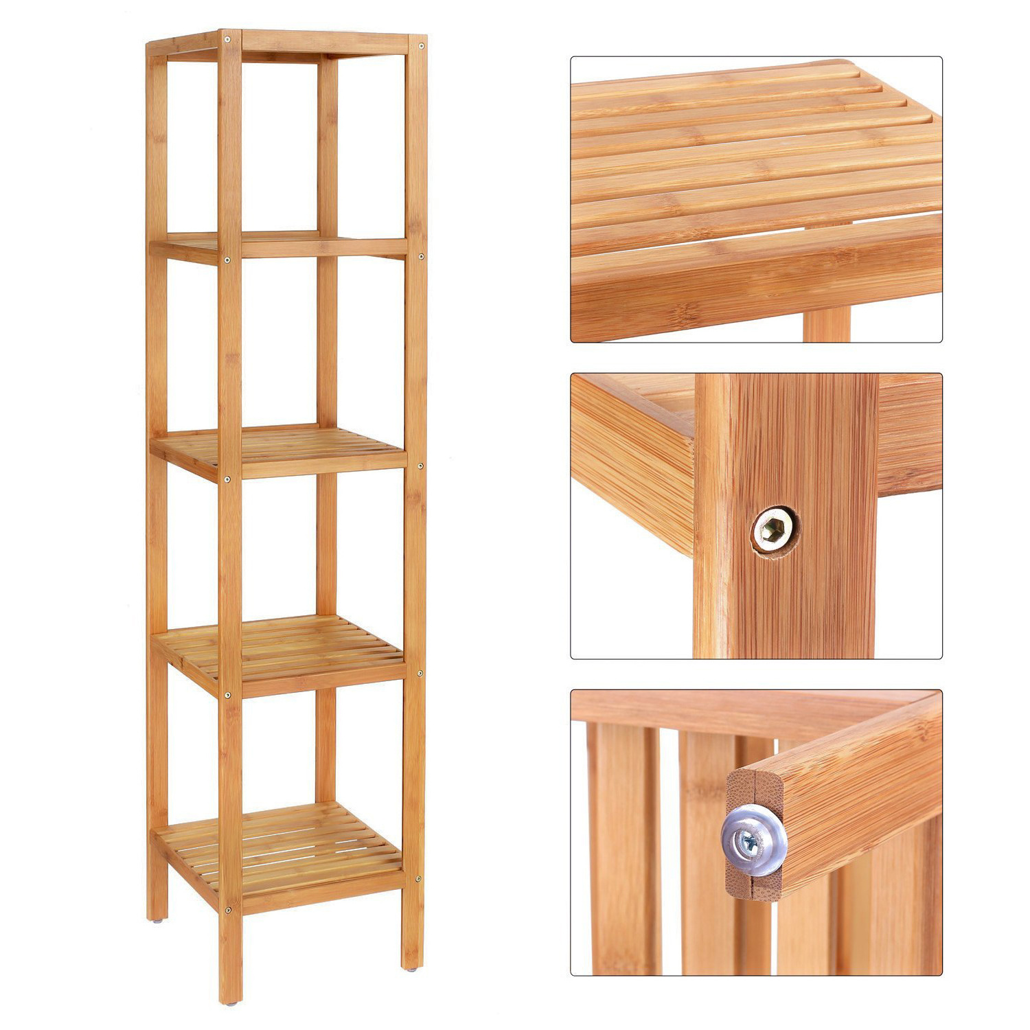 Bamboo Storage Shelves 5-Tier Multifunctional Shelving Unit Bathroom Organizer Corner Rack Plant Stand for Indoor Outdoor