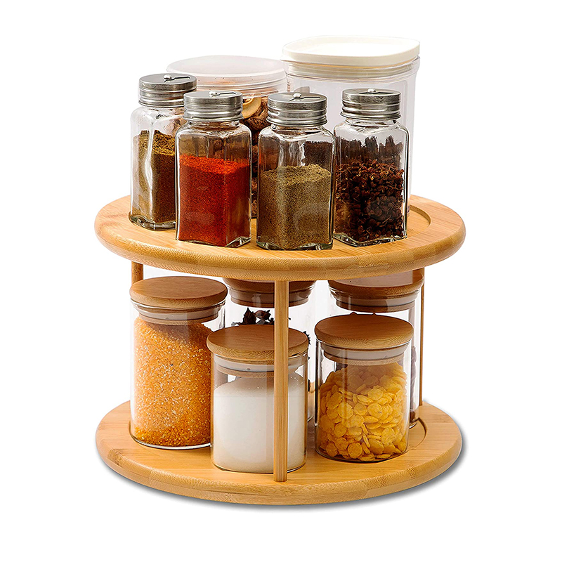 Wholesale 2 Tier Bamboo Lazy Susan Rotating Spice Rack Storage Holder Rack