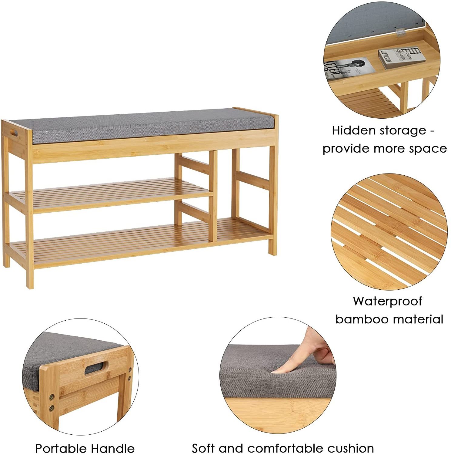 Bamboo Shoe Bench Rack with Storage, Entryway Storage Bench with Padded Seat, Shoe Oiganizer Shelf for Entryway Mudroom Bathroom