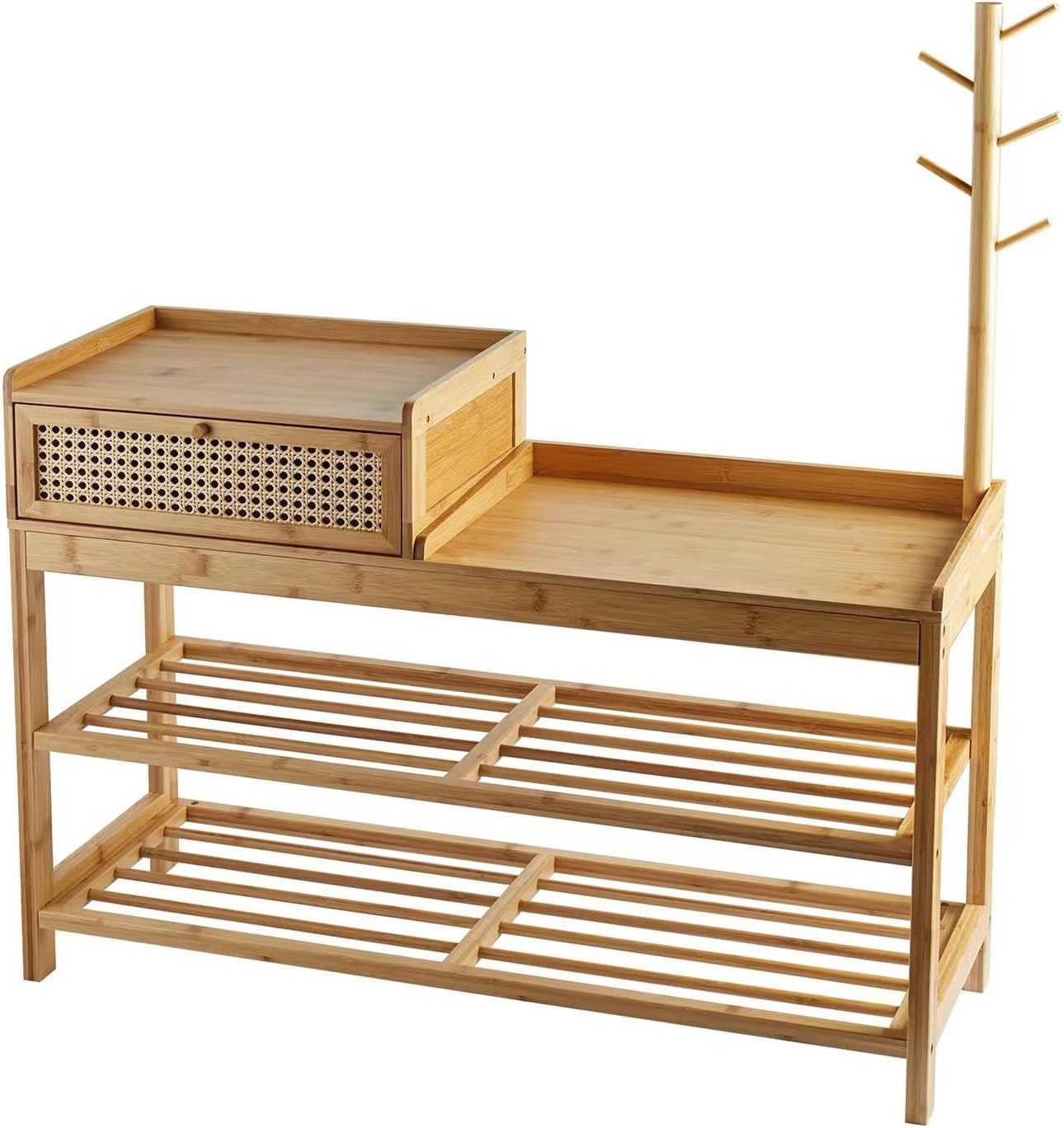 3 Tier Bamboo Shoe Holder with Shoe Storage Front Door Shoe Bench with Cushion Upholstered Padded Seat for Entry Indoor Entrance