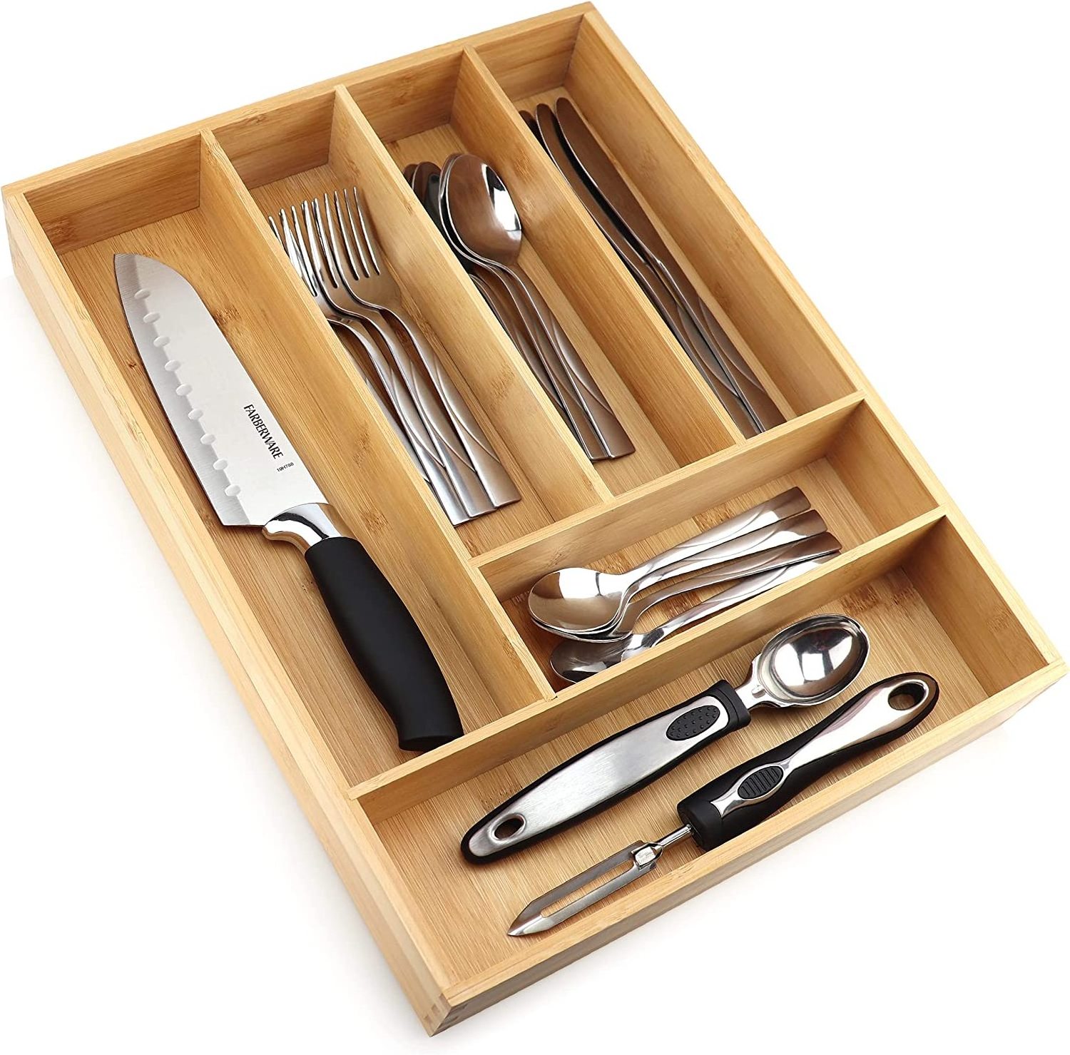 6-Slots Bamboo silverware tray organizer Flatware Utensil Cutlery Silverware Holder for Drawer  Small Extra-Deep Wooden