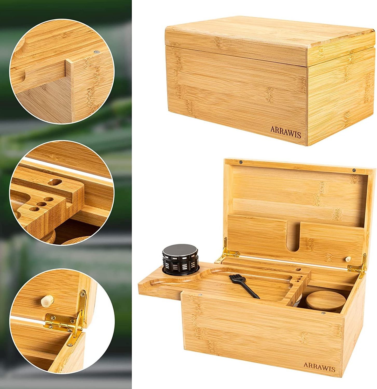 Natural Bamboo Stash Box with Rolling Tray for Herbs and Accessories Store Grinders