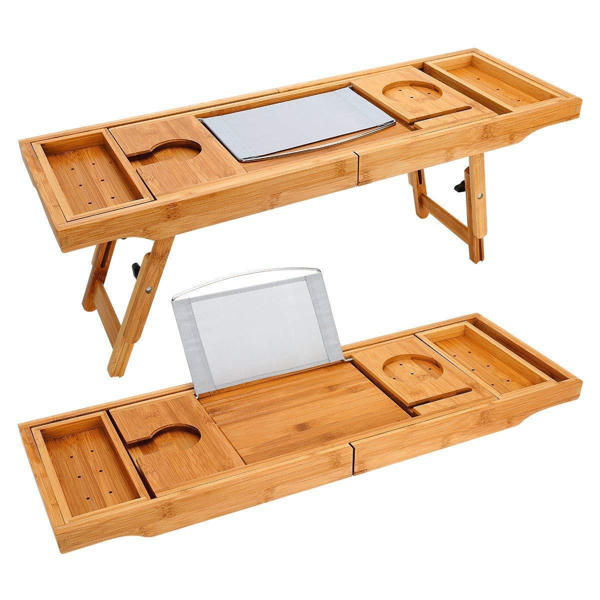 Luxury Bamboo Bathtub Caddy Tray with Foldable Legs,  Tub Shelf with Extending Sides, Tablet Holder and Reading Rack