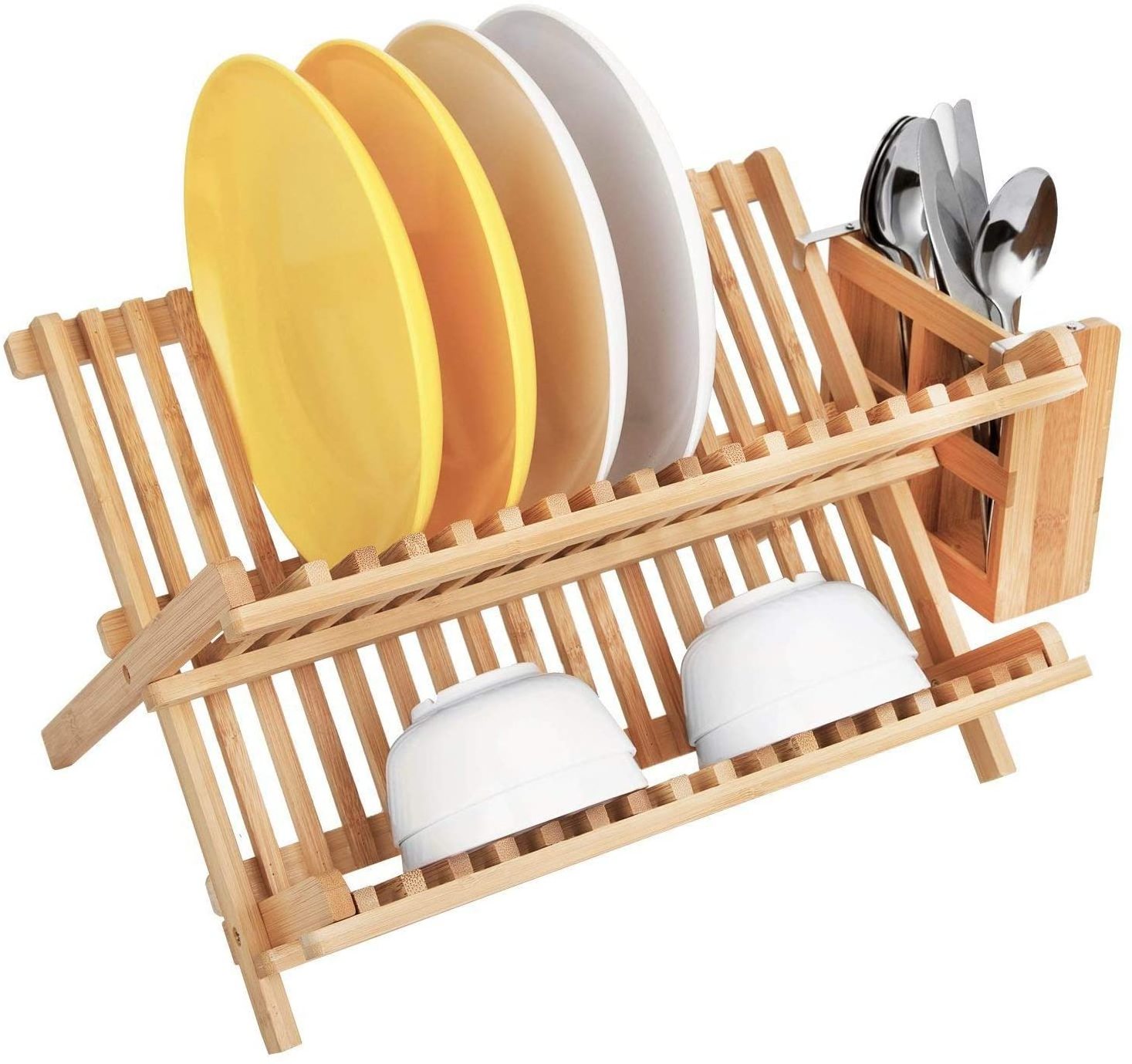 Collapsible Bamboo Dish Drainer Plate Storage Holder for Kitchen Countertop Dish Drying Rack with Utensil Holder