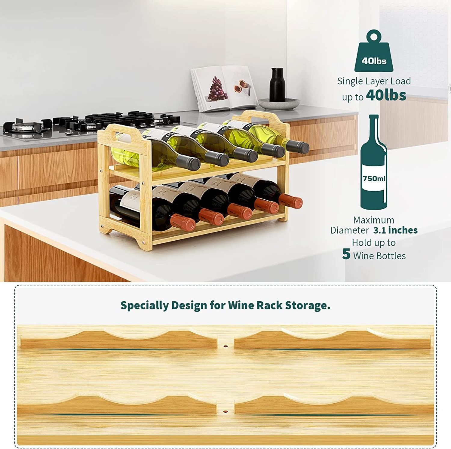 2 Layers Bamboo Water Bottle Organizer Stackable Water Bottle Holder Stand For Cabinet