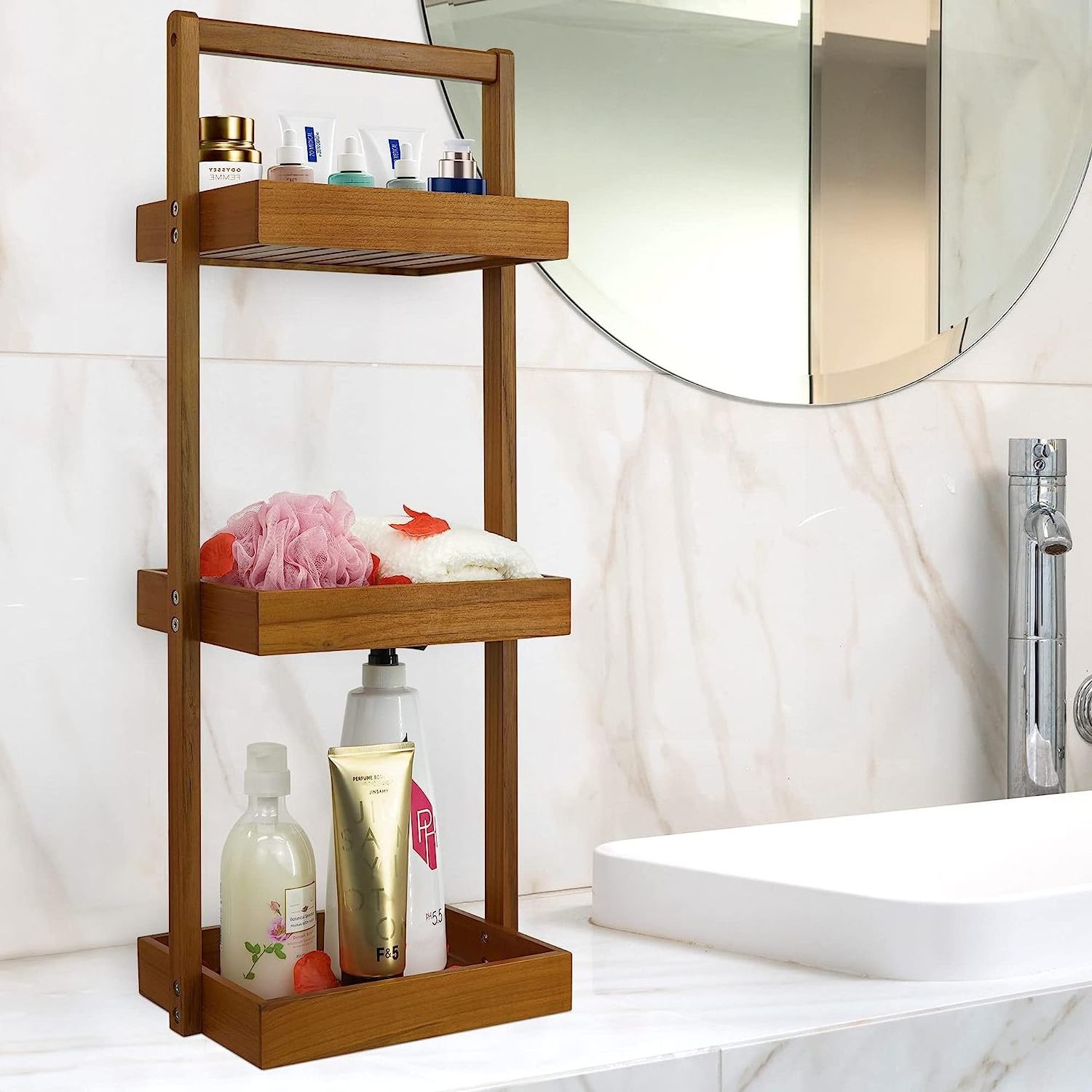 Teak Shower Caddy Corner, 3 Tier Standing Shower Organizer Shelf with Handle, Wood Bathroom Stand Up Caddy Basket for Shampoo