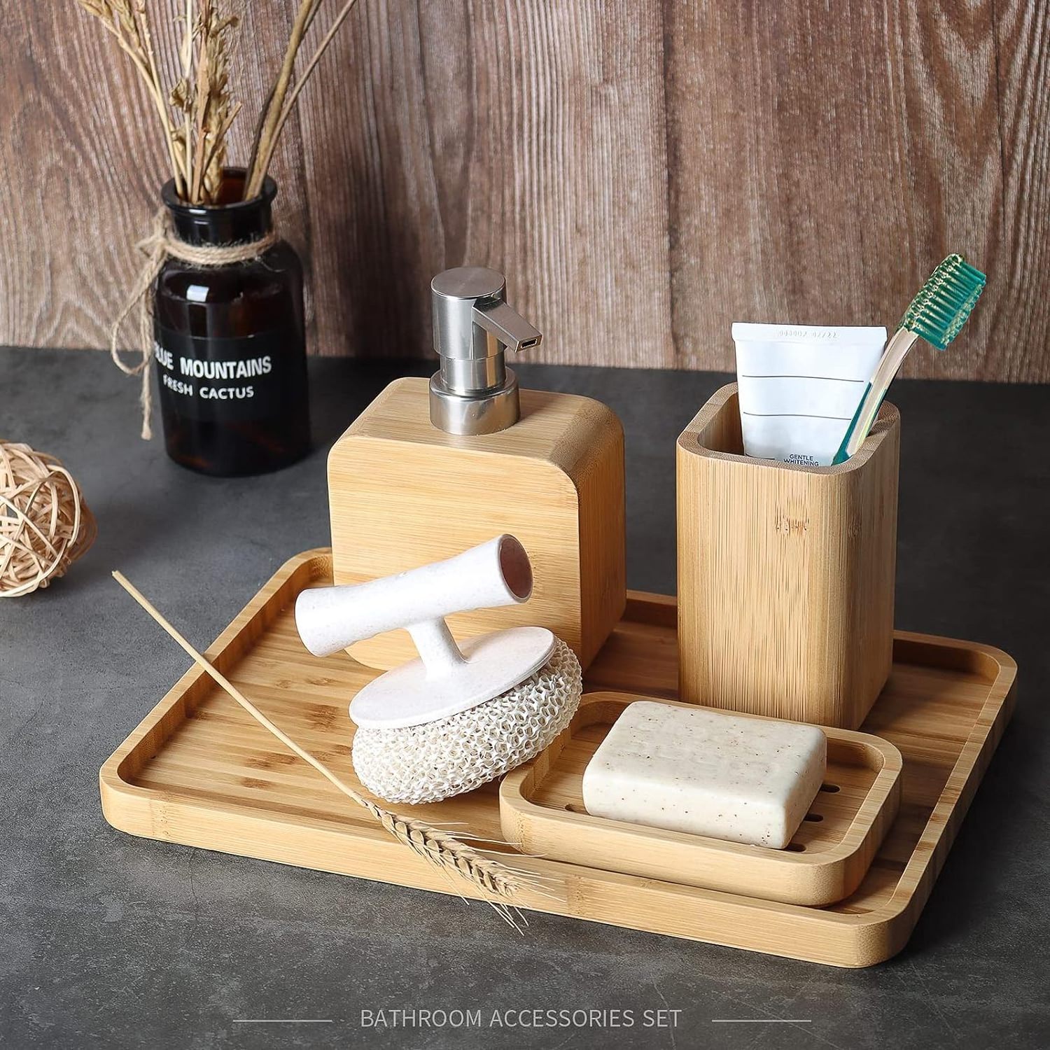 4Pcs Handmade Bamboo Soap Dispenser Set Shower Soap Holder Bathroom Accessory Sets