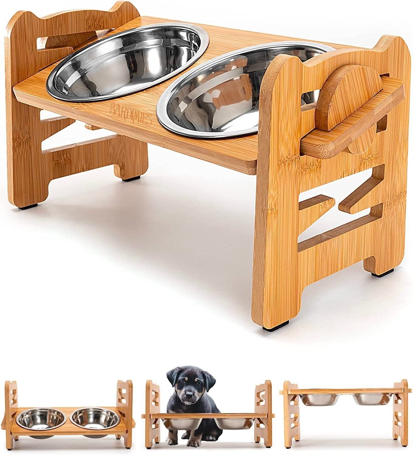 Dog Bowls Adjustable stand,  Non Slip Stand Feeder for Small Medium Dogs All Cats Durable Bamboo Raised Cat Bowl