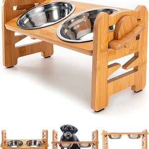 Dog Bowls Adjustable stand,  Non Slip Stand Feeder for Small Medium Dogs All Cats Durable Bamboo Raised Cat Bowl