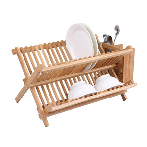 Collapsible Bamboo Dish Drainer Plate Storage Holder for Kitchen Countertop Dish Drying Rack with Utensil Holder