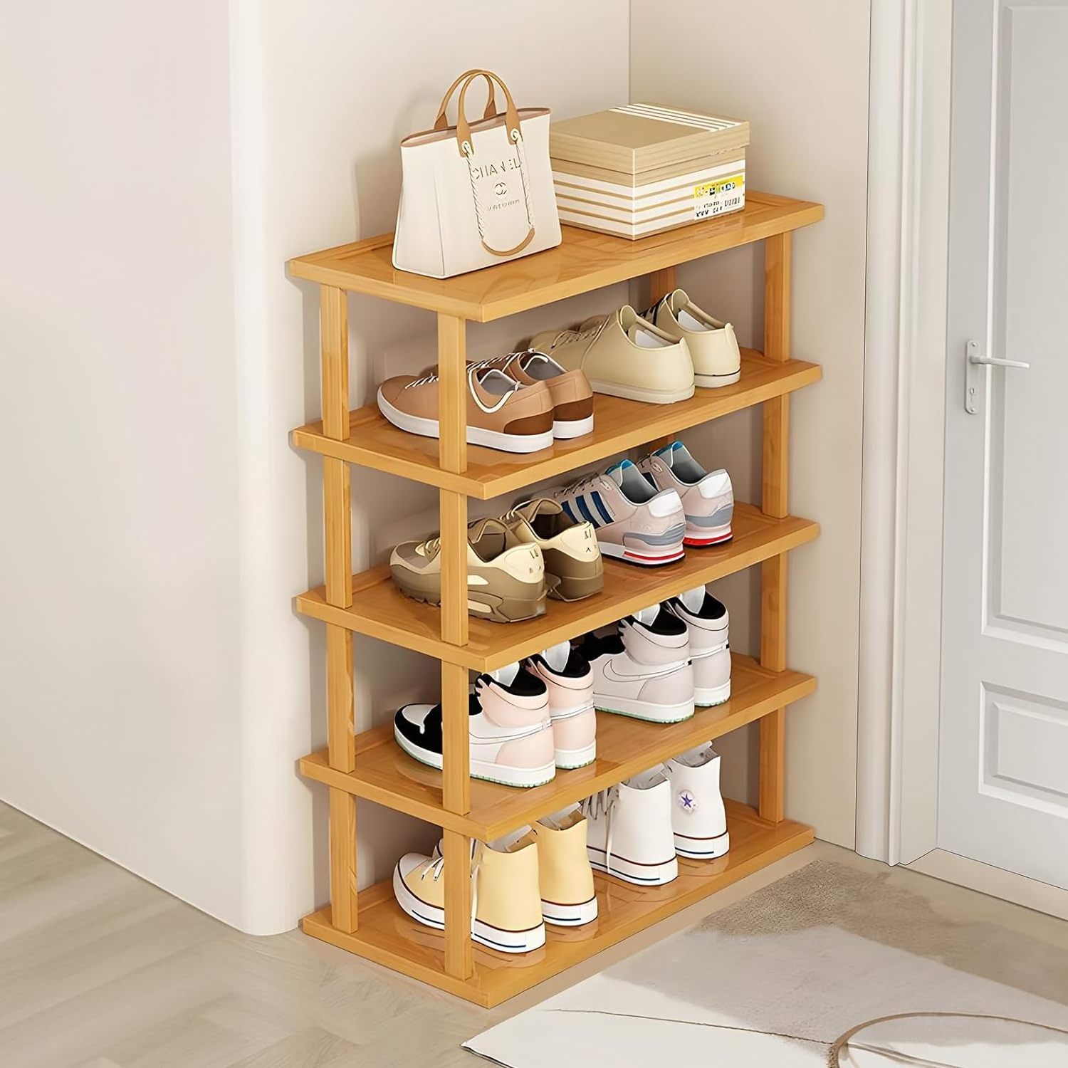 Stackable Wooden Shoe Racks Storage Organizer Space Saving Narrow Shoe Shelf for Dorm Bedroom Cloakroom