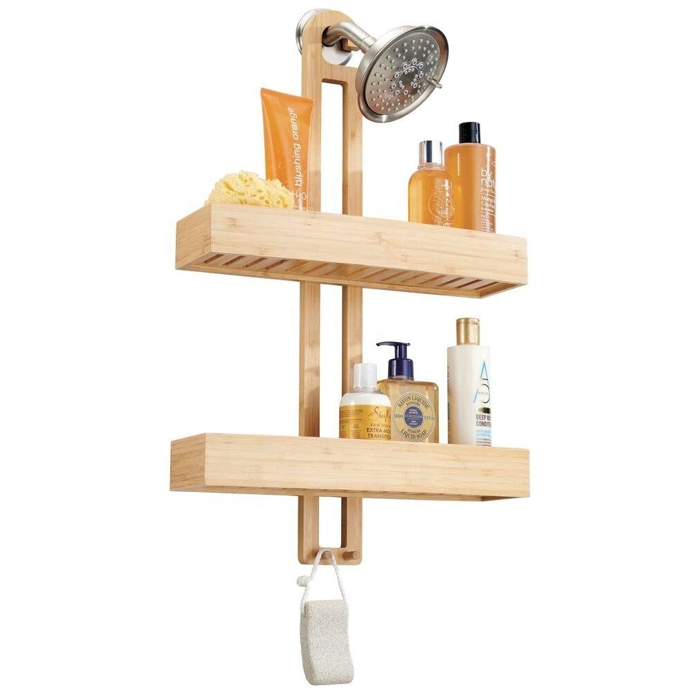 Bamboo Shampoo Holder with Towel Hooks Storage Rack Wall Bathroom Shelves Hanging Shower Caddy