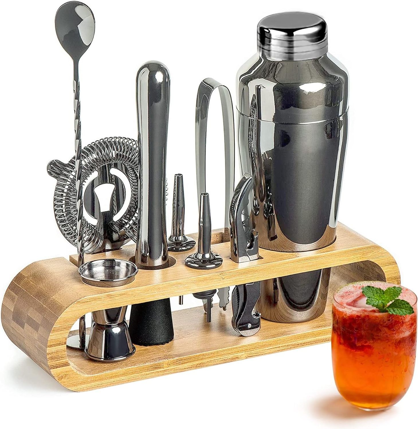 Housewarming Gift Professional Stainless Steel Cocktail Shaker Set 10-Piece Bar Tool Set with Bamboo Stand Bartender Kit