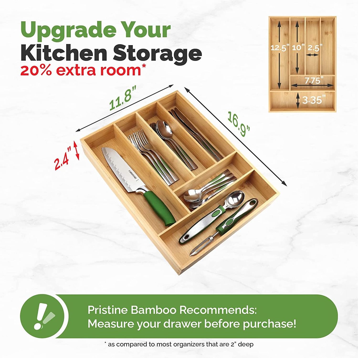 6-Slots Bamboo silverware tray organizer Flatware Utensil Cutlery Silverware Holder for Drawer  Small Extra-Deep Wooden