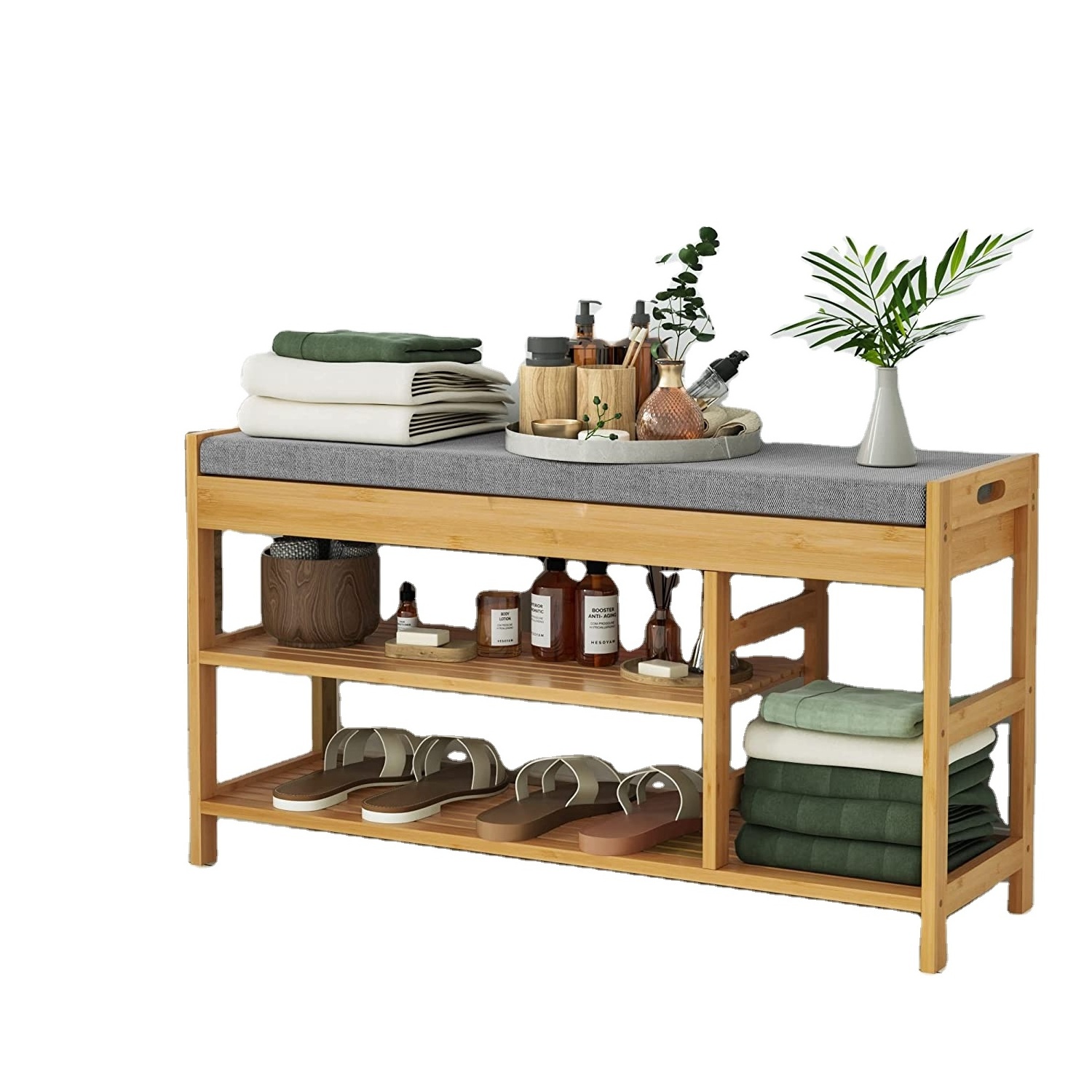 Bamboo Shoe Bench Rack with Storage, Entryway Storage Bench with Padded Seat, Shoe Oiganizer Shelf for Entryway Mudroom Bathroom