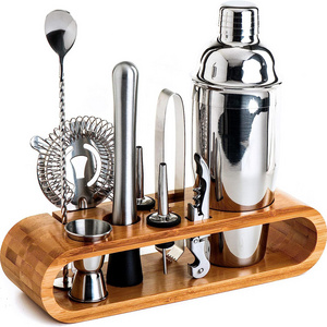 Housewarming Gift Professional Stainless Steel Cocktail Shaker Set 10-Piece Bar Tool Set with Bamboo Stand Bartender Kit